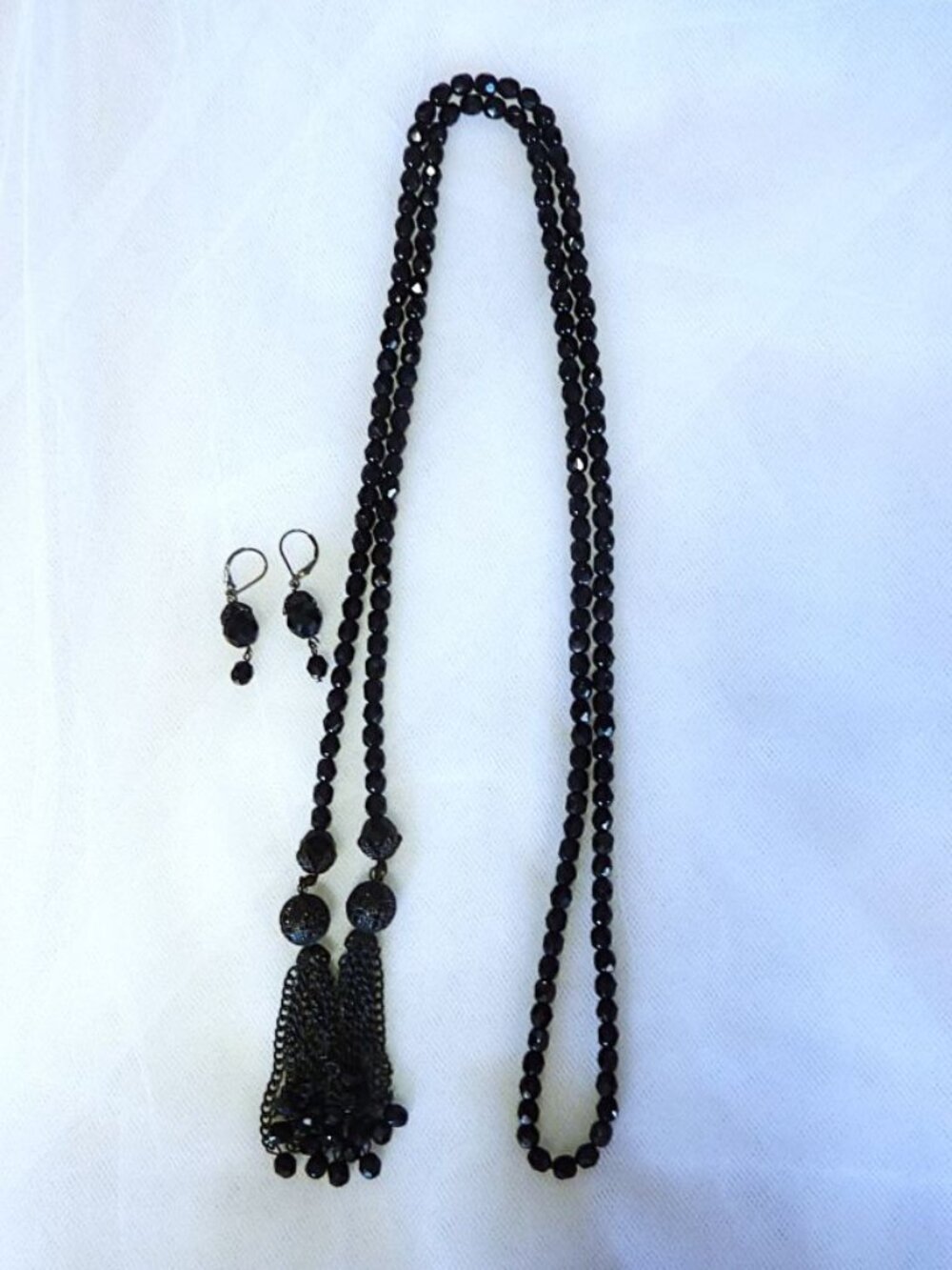 40 inch Necklace Earring set with Black Glass Beads & Tassel